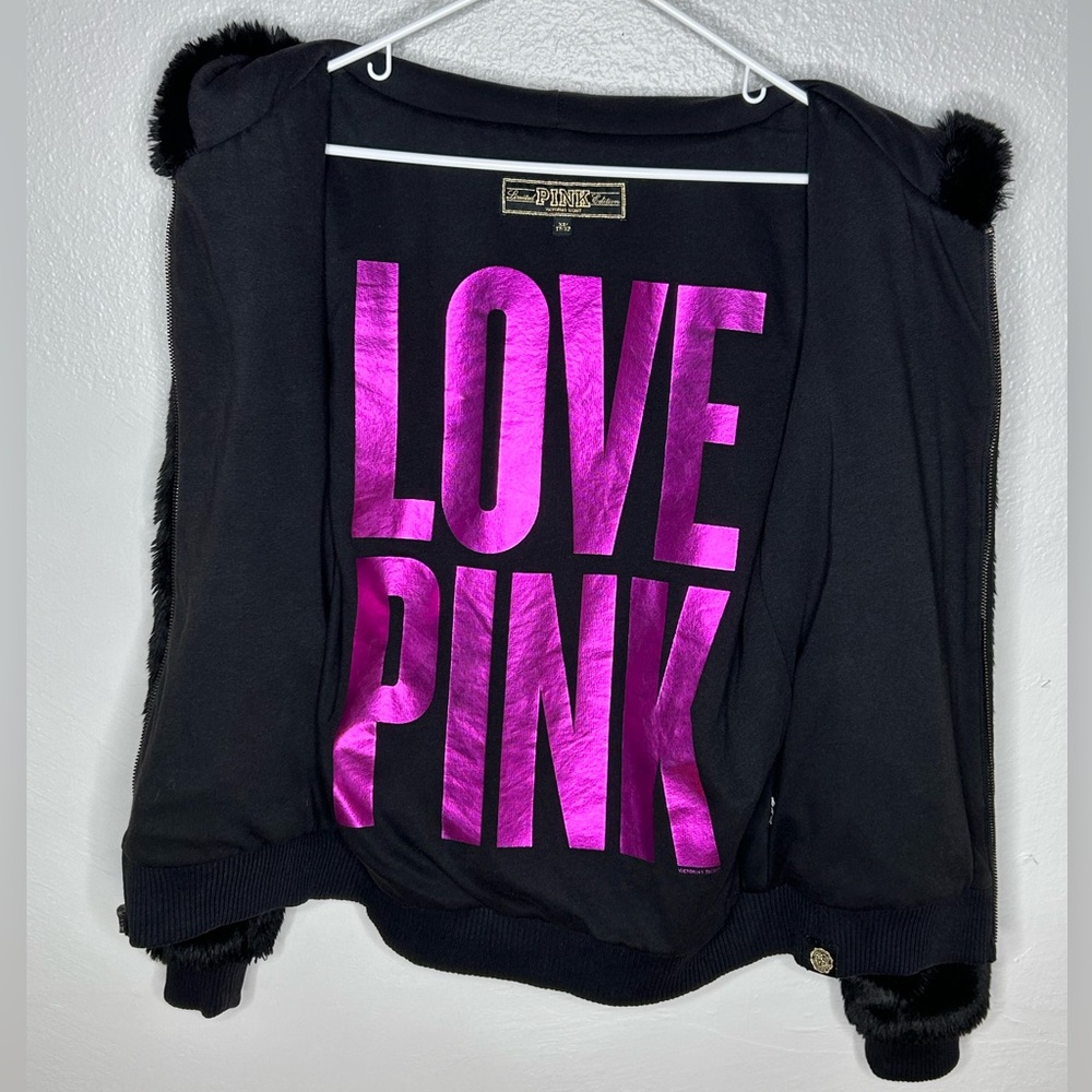 PINK VS LIMITED EDITION BLACK PLUSH FAUX FUR HOODIE COAT JACKET - Picture 4 of 7